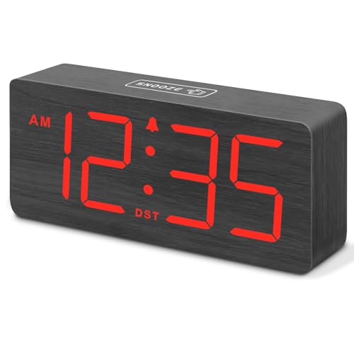 DreamSky Wooden Digital Alarm Clock for Bedroom with Large Numbers | Desk Clocks for Living Room, Loud Alarm for Heavy Sleepers with Volume Control, Dimmer, DST, Office Wood Decor (Plug-in) - color: Black-red (Plug-in)