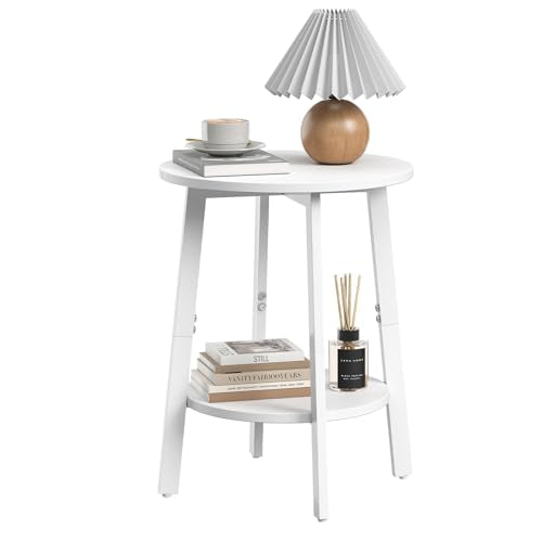sthmec Side Table, Small Round End Table with Storage Shelf for Small Space, 2-Tier Bedside Table Sofa Couch Table, Round Accent Table Nighstands for Living Room, Bedroom,White - color: White