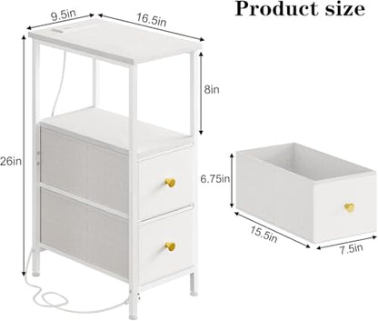 TOMNK Narrow Side Table with Charging Station and LED Light, Skinny Nightstand with 2 Fabric Drawers