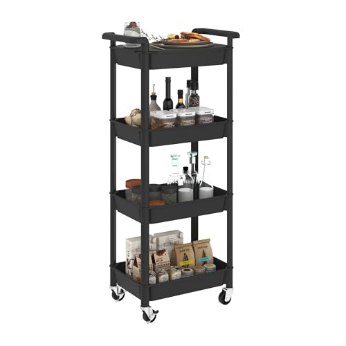 STEEHOOM 4 Tier Rolling Cart with Handle, Utility Cart with Table Top Easy Assembly Bathroom Storage Cart on Wheels for Office, Living Room, Kitchen, Craft Room, Black - color: Black, size: 4-Tier