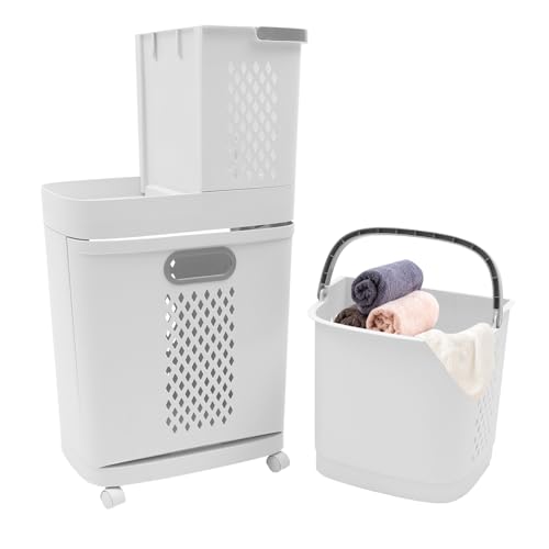 2-Tier Rolling Laundry Hampers, Space-Saving Removable Clothes Hamper Organizer, Modern Grey/White Rolling Storage Cart for Bedroom, Laundry Room, Bathroom