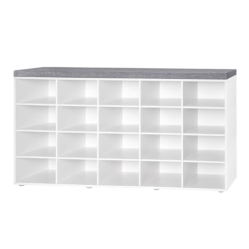 Shoe Storage Bench, 20-Cubby Shoe Rack Bench with Cushion | 50.5"L Entryway Shoe Organizer, Fully Adjustable Shelves for Boots, Removable Washable Cushion, Closet/Hallway/Bedroom, White - color: White, size: 20 Cubby