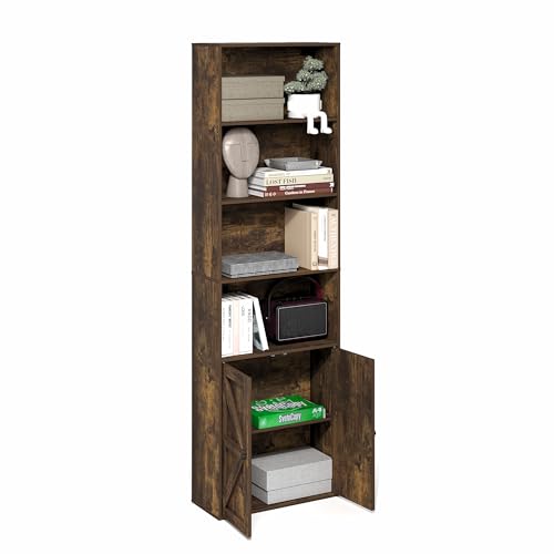 Furinno Jensen Book Shelf, 6-Tier Farmhouse Bookshelf, Display Bookcase with Doors, 9.2" x 21.6" x 71.2", for Organization and Storage, for Living Room, Bedroom, Home Office, Amber Pine - color: Amber Pine, size: 6-Shelf, with Doors