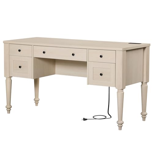 WAMAPT Elegant Executive Desk with Storage, Farmhouse Writing Desk with Charging Station, Wood Home Office Desk with Drawer, Cabinet & Shelf for Study, 56 Inch, Beige - color: Beige