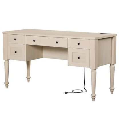 WAMAPT Elegant Executive Desk with Storage, Farmhouse Writing Desk with Charging Station, Wood Home Office Desk with Drawer, Cabinet & Shelf for Study, 56 Inch, Beige - color: Beige