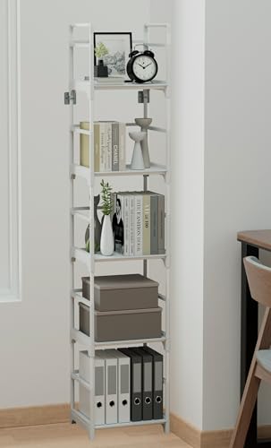 FIDUCIAL HOME 5 Tiers Narrow Bookshelf White Skinny Open Book Shelf | Slim Thin Small Spaces for Space Saving, Easy to Assemble, 12"L x 10"W x 57.2"H - size: 5 Tier