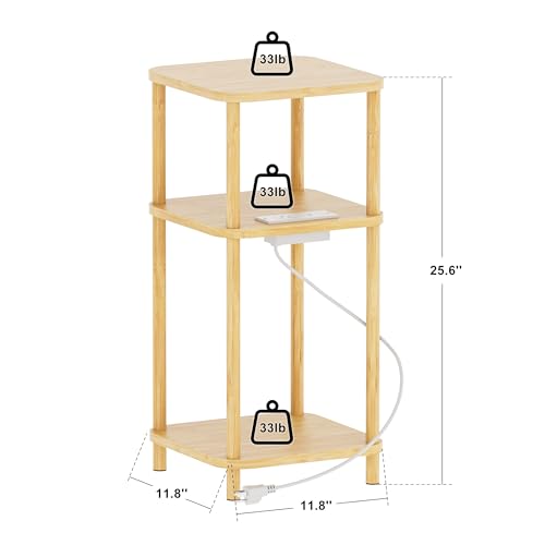 Bamboo End Table with Charging Station, Side Table for Small Space, Small Table Stand, Narrow Wooden Bedside Table Nightstand with Shelves, for Nursery, Living Room, Bedroom, Natural - color: Natural
