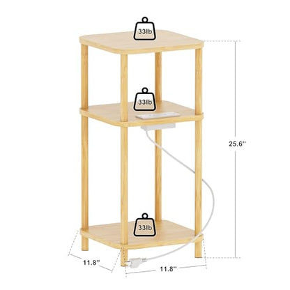 Bamboo End Table with Charging Station, Side Table for Small Space, Small Table Stand, Narrow Wooden Bedside Table Nightstand with Shelves, for Nursery, Living Room, Bedroom, Natural - color: Natural