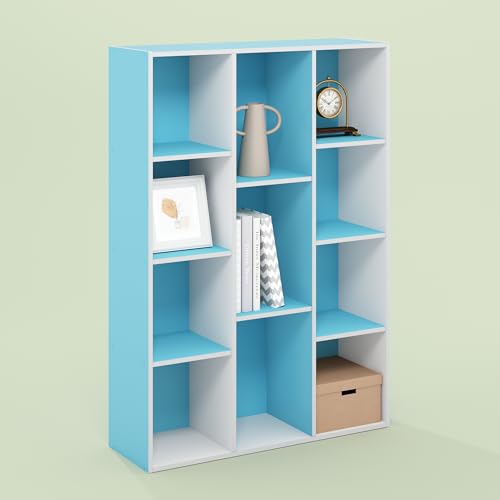 Hagen 11 Cube Organizer Bookcase, Bookshelf, Cube Storage, for Living Room, Home Office, White/Powder Blue - color: White/Powder Blue, size: 29.13(W)x41.73(H)x9.44(D) inches.