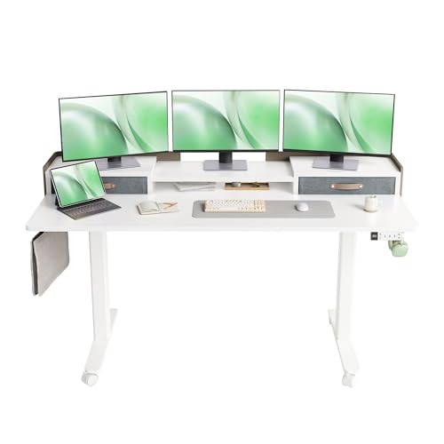 Claiks Standing Desk with Drawers, Adjustable Stand Up Electric Standing Desk Adjustable Height with Storage Shelf and Splice Board, 63 Inch, White - color: White, size: 63×23.6