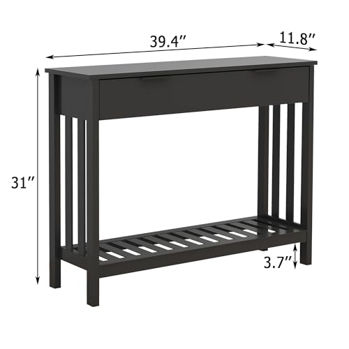 TaoHFE Black Narrow Console Table with Drawer Storage Shelf, Modern Wooden Entryway Sofa Table, 39 Inch Slim Behind Couch Table, Side Display Console Table for Living Room,Office,Black - color: Black