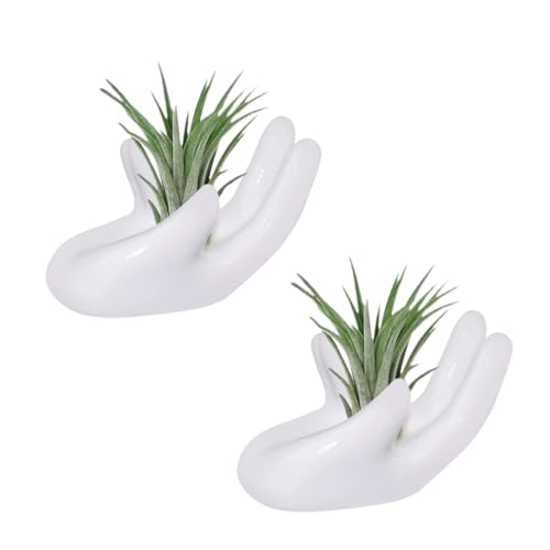 2 PCS Air Plant Holder Cute Ceramic Mini Hand Shape Stand Airplants Tillandsia Small Container Pot Plant Decorative Home Decor for Desk Table Shelf Window, White - color: 2pc