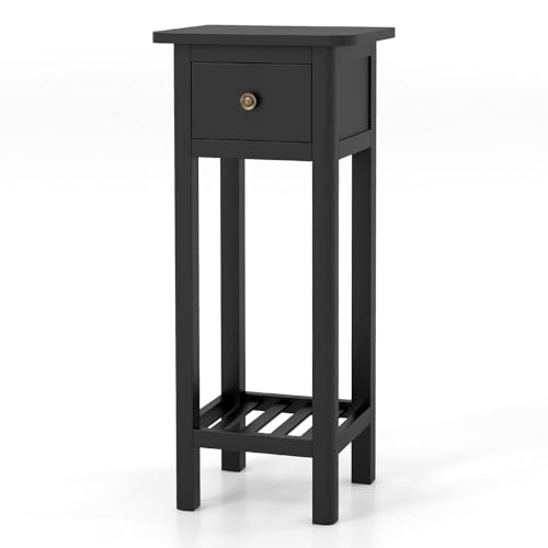 Giantex Narrow End Table with Drawer, Tall Acacia Wood Side Table with Bottom Shelf, Modern Bedside Tables, 2-Tier Nightstand for Small Spaces Bedroom Living Room, No Assemble Required, Black - color: Black