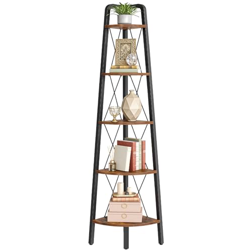 HOOBRO Corner Shelf, 5-Tier Corner Shelf Stand, 66.9" Tall Ladder Bookshelf, Industrial Corner Display Shelf Plant Stand for Living Room, Kitchen, Home Office, Rustic Brown BF145CJ01 - color: Rustic Brown + Black, size: 11.8"L x 11.8"W x 66.9"H