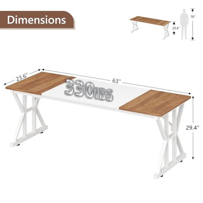 TVU Computer Desk, 63 inch Large Office Desk, Study Writing Table with Thicken Frame, Gaming Desk, Modern Simple Desk for Home Office, Brown/White - color: Brown+white, size: 63inch