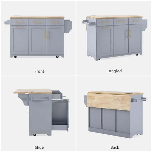 Kitchen Island with Trash Can Storage Cabinet and Power Outlet, Rolling Kitchen Cart on Wheels with Drop Leaf, Spice Rack, Towel Rack and Adjustable Shelf for Dining Room (60", Grey Blue) - color: Grey Blue