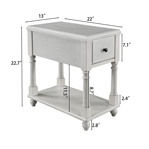Solid Wood Narrow End Table with Drawer, Sofa Side Table with Storage Shelves, Slim Beside Table ,Telephone for Small Spaces, Living Room, Easy Assembly 22" x 13" x 22.7" AntiqueWhite BBJ004RW - color: Antique White