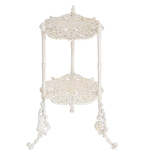 Sungmor Vintage Cast Iron 2-Tier Plant Stand, Elegant Butterfly & Floral Design with Antique White Finish, 24 Inch Tall Rustic Flower Pot Holder, Heavy Duty Metal Display Shelf for Indoor and Outdoor