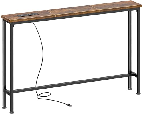 SUPERJARE 5.7 Inch Console Table with Outlet, Sofa Table, Behind Couch Table, 5.7 x 39.4 x 29.7 Inches, Metal Frame, for Living Room, Hallway, Rustic Brown - color: Rustic Brown, size: 5.7''D x 39.4''W x 29.7''H