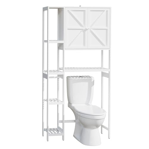Bamboo Over The Toilet Storage, Above Toilet Organizer Storage Shelf, Tall Freestanding Behind Toilet Rack, Tiered Bathroom Space Saver Shelving, Easy Assembly (White) - color: White