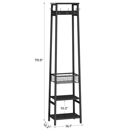 Coat Rack Freestanding, Coat Stand with Metal Basket and Storage Shelves, Hall Tree Free Standing with and 7 Hooks, Clothes Rack Stand Organizer, Black - color: Black, style: 2 Shelves + 1 Basket