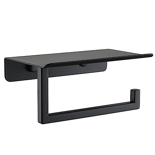JQK Toilet Paper Holder Shelf, Bathroom Tissue Roll Holder with Phone Shelf, 5 Inch 304 Stainless Steel Tissue Paper Dispenser, Matte Black Wall Mount, TPH202-PB - color: Black