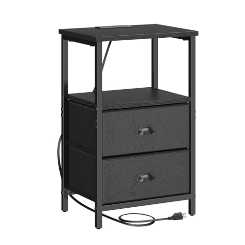 sthmec Nightstand with Charging Station, LED Night Stand Set 2, Bedside Table End Table Set of 2, Bedroom Table with 2 Fabric Drawers PU Finish, 3-Tier Storage Side Table for Bedroom,Black - color: Black