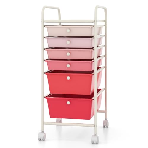 6-Tier Rolling Cart with Drawers, Storage Cart with Universal Wheel & Metal Frame, Multipurpose Mobile Trolley Utility Cart for Small Space Makeup School Office Play Room (Gradient Pink) - color: Gradient Pink, size: 6 Drawers (2 Big +4 Small)