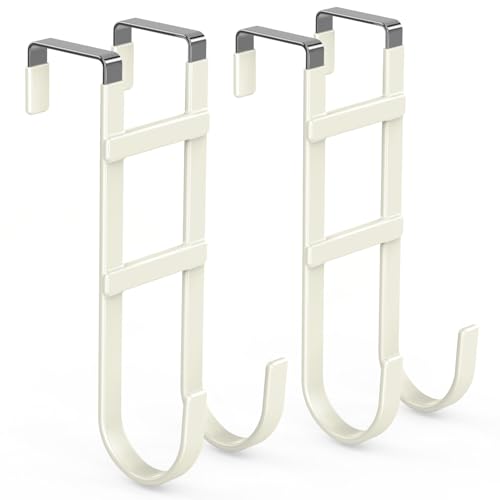 FYY Over the Door Hooks, Double-Hanger 2 Pack, Fits Doors 1.6" Beige | Heavy Duty Metal, Hold 100lbs, Rubber-Coated, No-Drilling, for Bathroom Dorm, Hanging Clothes Towels Bags Ironing Board Robe - color: Beige, size: 7.8" Long, Fit Interior Doors Up to 1