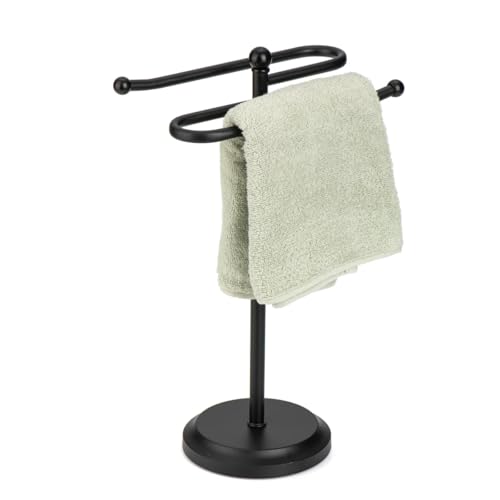 J&V TEXTILES Classical Steel Towel Rack Holder Stand with 2 Hanging Rings for Bathroom Vanity Countertops - Space Saving Hand Towel Holder (Matte Black) - color: Matte Black