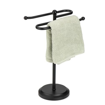 J&V TEXTILES Classical Steel Towel Rack Holder Stand with 2 Hanging Rings for Bathroom Vanity Countertops - Space Saving Hand Towel Holder (Matte Black) - color: Matte Black