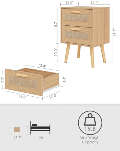 Masupu Rattan Night Stand,Modern nightstand Boho Bedside Table with 2 Drawer,Small End Side Table for Bedroom,Living Room,Office,Natural - color: Natural