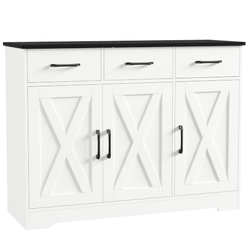 HOSTACK Modern Farmhouse Buffet Sideboard Cabinet, Barn Doors Storage Cabinet with Drawers and Shelves, Wood Coffee Bar with Storage for Dining Room, Kitchen, Living Room, White/Black - color: White/Black