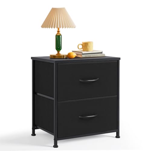 Nightstand Upgraded, Small 2 Drawer Dresser End Table Bedside Furniture, Wooden Top Fabric Bins for Bedroom, Closet, Entryway, Dorm, 11.8" D x 18" W x 20", Black - color: Black