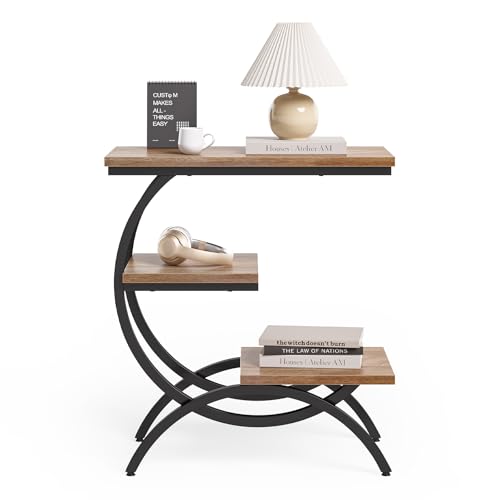 LITTLE TREE End Table, Narrow End Table with 3 Storage Shelves, Industrial C-Shaped Small Sofa Side Table for Living Room, Wood Slim Snack Table with Black Metal Frame, Oak - color: Oak