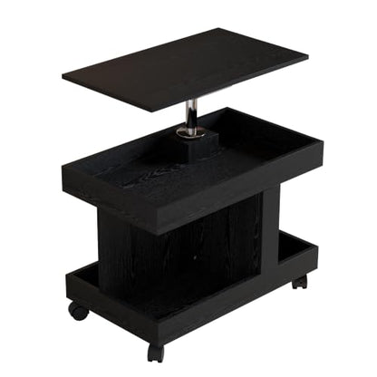 Multifunctional End Table with Wheels and 360° Rotating Desktop | Rolling Design, Storage Compartment, Sofa Side Narrow Table, Bedside Use, Living Room & Bedroom - color: Black-7.15