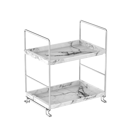 2-Tier Bathroom Organizer Countertop Perfume Makeup Shelf Cosmetics Storage Shelf Display Rack Vanity Dresser,Kitchen Spice Rack,Plastics Imitation Marble Design,Tool-Less Install(Sliver) - color: Imitation Marble,sliver