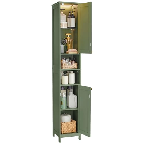 VASAGLE Tall Storage Cabinet with Lights, Slim Freestanding Cabinet with Adjustable Shelves, for Small Spaces, Bathroom, Living Room, Modern, 11.8 Inches Wide, Forest Green UBBC566C01 - color: Forest Green, size: 11.8"D x 11.8"W x 66.9"H, style: with Ligh