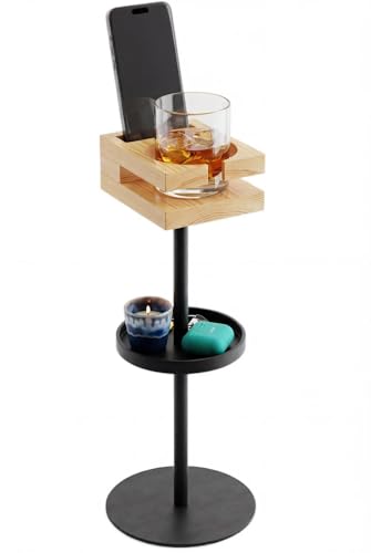 Drink Table for Small Spaces - Slim Pedestal Side Table with Real Wood Top & Stable Base for Coffee & Cocktails - Ideal for Tight Living Room & Bedroom Spaces (Walnut) - color: Natural