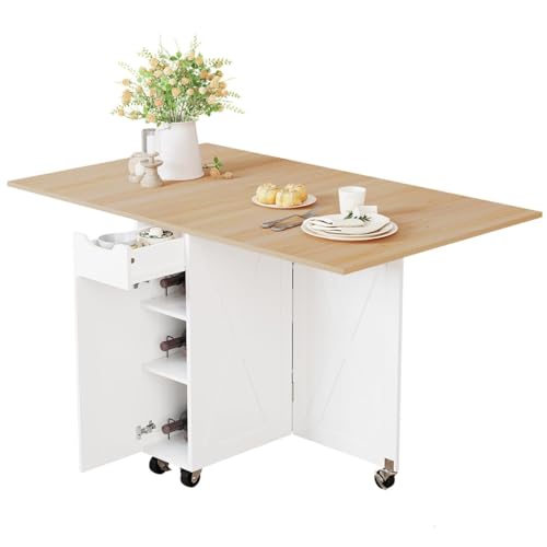 52.7" Folding Dining Table with 6 Wheels, Foldable Dining Table with Drawer, Shelves and Wine Racks, Drop Leaf Table for Small Spaces, Suitable for Kitchen, Dining Room, Apartment (Oak) - color: Light Brown