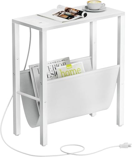 Narrow Side Table with Charging Station, Skinny Nightstand with USB Ports & Outlet, Slim Sofa Side Table with Storage Bag, Small End Table for Small Spaces, Living Room, Bedroom, White - color: White
