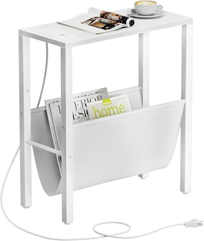 Narrow Side Table with Charging Station, Skinny Nightstand with USB Ports & Outlet, Slim Sofa Side Table with Storage Bag, Small End Table for Small Spaces, Living Room, Bedroom, White - color: White