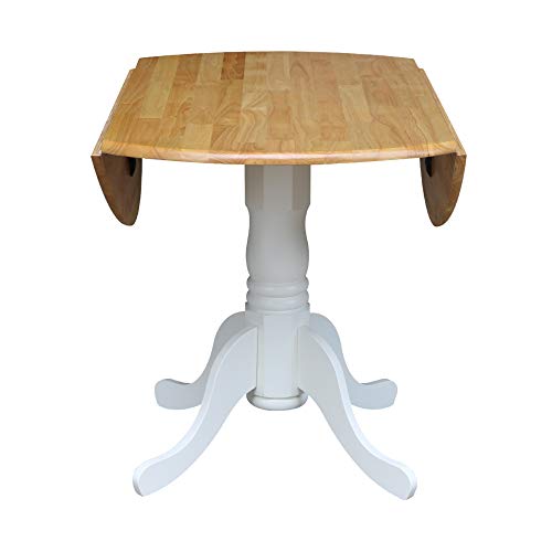 42" Round Dual Drop Leaf Pedestal Dining Table, Solid Wood, Easy Assembly, 20mm Top Thickness, Kitchen/Dining Room, Includes Two 9" Drop Leaves, Durable Parawood Construction, Unfinished - color: Natural/White