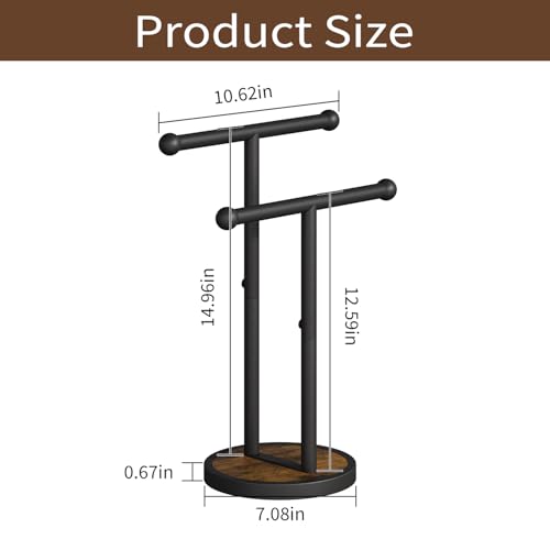 YINMIT Hand Towel Stand with Heavy Wood Base, Free Standing Towel Rack Double T-Shape Hand Towel Holder for Bathroom, Countertop Towel Holder for Bathroom, Kitchen, Countertop Vanity - color: Rustic Brown 2 Tier