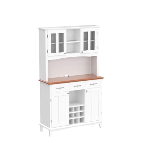 PETSITE Kitchen Pantry Storage Cabinet, Freestanding Microwave Cupboard with Tempered Glass Cabinet, Wine Rack, Adjustable Shelves, Buffet with Hutch for Living Room, Dining Room, White