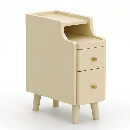 Nightstand, Pre-Assembled, 19.7“H Solid Wood Narrow Night Stand with 2 Drawers, Open Sliding Shelf, Mid Century Modern Small Bedside Table for Bedroom, Cream 8" - color: Cream, size: 8"