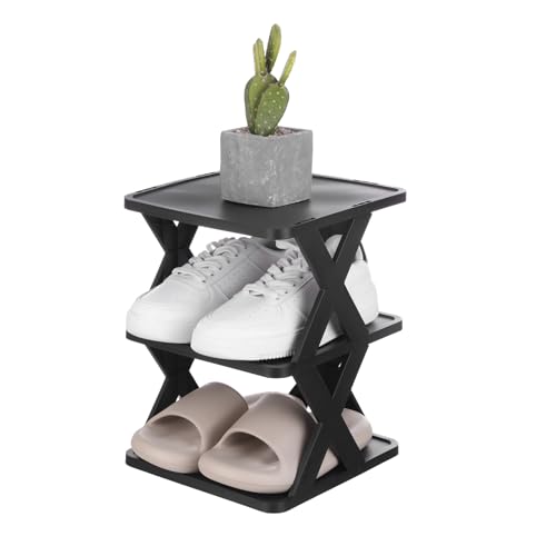 uxcell 3-Tier Plastic Shoe Rack, Vertical Shoe Rack Stackable Storage Organizer Folding Space-Saving Narrow Slot Shelf for Closet Livingroom Entryway Garage, Black/Black - color: Black/Black, size: 10.2x9.4x13.2 Inch