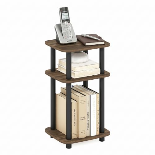 Furinno JUST 3-Tier Telephone Table, Turn-N-Tube Toolless Side Table with Open Shelf, Round Curve Corner Night Stand, Bedside Table, for Living Room, Bedroom, Columbia Walnut - color: Columbia Walnut/Black, size: 1-Pack, Plastic Frame, 3-Tier