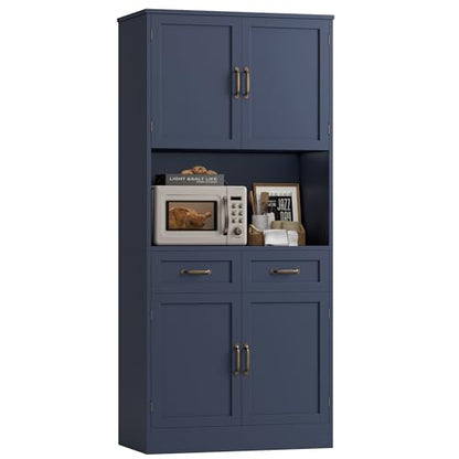 HOSTACK 71" Tall Kitchen Pantry Storage Cabinet, Wood Kitchen Hutch, Blue | Modern Pantry Cabinet with Microwave Stand, Hutch Cabinet with Countertop & Drawers, Storage Cabinet for Living Room - color: Blue + Bronze Handles