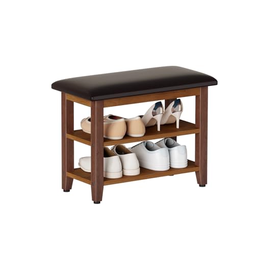 Shoe Bench with Leather Cushion,Rubberwood Bench with Shoe Rack | 2-Tier Shoe Storage Organizer for Entryway,Hallway,Living Room - size: 2-Tier-23.6"